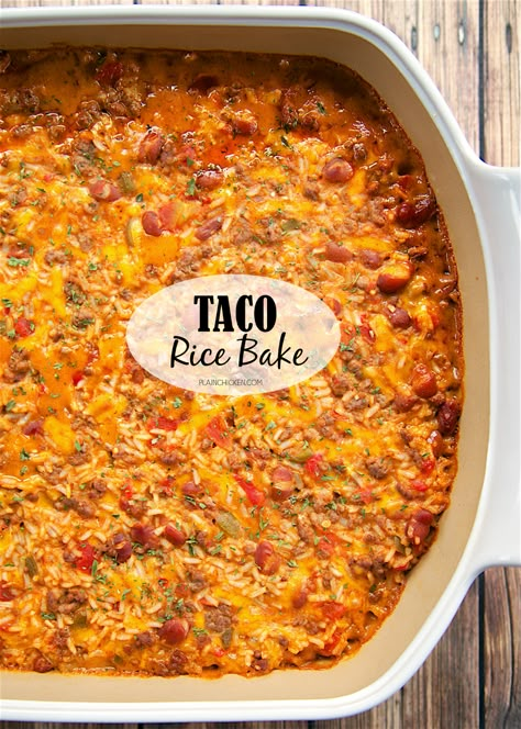 Taco Rice Bake - loaded with taco meat, beans, Rotel, cheese, and rice. It's a full meal in one dish! We like to top the casserole with our favorite taco toppings - cheese, sour cream, jalapeños and guacamole! This a great change to our usual taco night!! Taco Rice Bake, Rotel Cheese, Cheese And Rice, Mexican Rice Casserole, Leftover Taco Meat, Taco Rice, Rice Bake, Taco Meat Recipes, Taco Bake