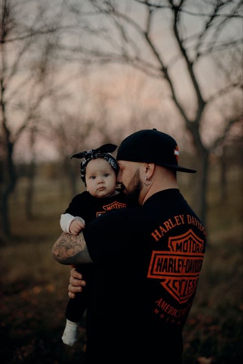 Baby girl Harley Davidson kids photography family photos child style tattoos Biker Baby, Baby Announcement, Pregnancy Announcement, Harley Davidson