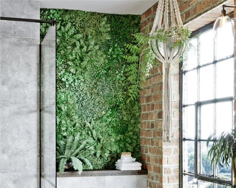 Bathroom Living Wall, Bathroom Plant Wall, Cottage Plants, Jungle Bathroom, Bathroom Green, Build House, Garden Bathroom, Bathroom Decorating Ideas, Industrial Bathroom