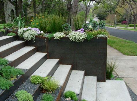 Staircase wall and stairs from corten Steel Retaining Wall, Landscape Stairs, Landscape Steps, Concrete Retaining Walls, Garden Stairs, Exterior Stairs, Concrete Stairs, Modern Landscape Design, Garden Steps