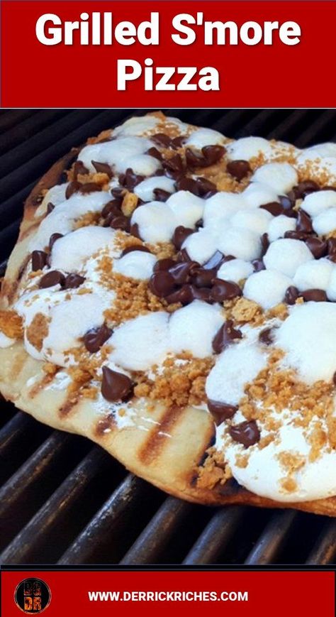 Grilled S'more Pizza - S'more pizza made right on your grill. A delicious grilled dessert pizza. You have to try this quick and easy Grilled S'more Pizza. via @derrickriches Fire Grilled Pizza, Grilled Pizza Recipes On Stone, Wood Fired Dessert Pizza, S’mores Pizza, Blackstone Grill Recipes Dessert, Grilled Pizza Ideas, Pizza On Grill, Grilled Smores, Smoker Meals