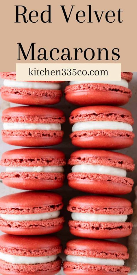 Red Velvet Macarons have a classic french macaron shell that is flavored with cocoa powder and dyed red then filled with a rich cream cheese buttercream. They have a delicious balance of flavors and textures that will make you fall in love with macarons! Macaroons Flavors, Easy Macaroons Recipe, Red Velvet Macarons, French Macaroon Recipes, Macaron Filling, Macaroon Cookies, Macaron Flavors, Cream Cheese Buttercream, Macaron Cookies