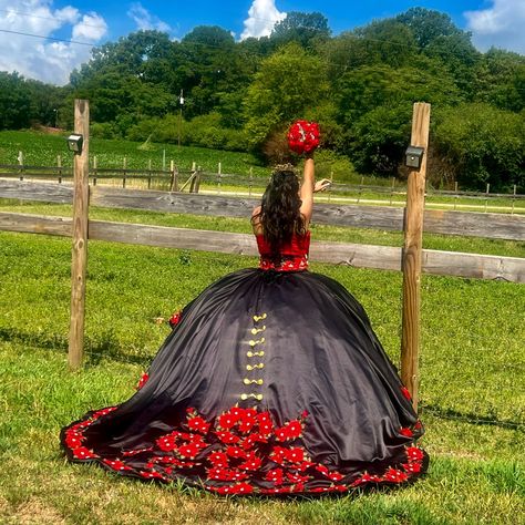 Black And Red Quinceaera Dress, Only Used It Once, Looks Brand New. Quince Dress Mexican Style, Black And Red Quinceanera Dresses, Red And Black Quinceanera Dresses, Red Charro Quinceanera Dress, Quince Charro, Black Quince Dress, Mariachi Quinceanera Dress, Red Quinceanera Dress, Charro Theme