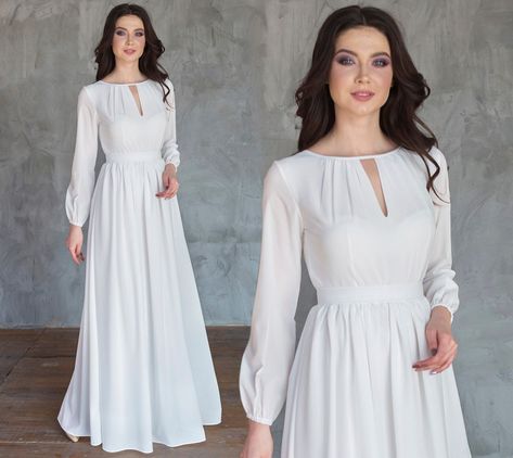 Women Formal Chiffon Closed Bridal Dress / Ivory Wedding Flowy Dress With Long Sleeves / Church White Dress / Bride Wedding Party Long Gown - Etsy Australia Church White Dress, Party Long Gown, Wedding Bodysuit, White Dress Bride, Church Wedding Dress, Bridal Bodysuit, Boho Bridal Dress, Maternity Long Dress, Dress Bride