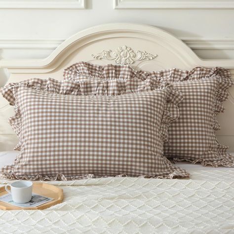 Amazon.com: Mywinlle Taupe/White Plaid Ruffle Pillowcases Farmhouse Standard Size Pillow Shams,Shabby Checkered Gingham Pillow Cover Washed Cotton Pillow Cases Set of 2 (20"x26",Taupe/White Plaid : Home & Kitchen Gingham Ruffle Pillow, Gingham Pillow, Ruffle Pillow Case, Gingham Set, Ruffle Pillow, Cotton Pillow Cases, Standard Pillow, Cotton Pillow, White Plaid