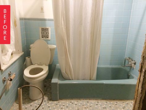 This bathroom gets a fresh update, while maintaining the feel of a vintage home. Blue Bathtub Bathroom Ideas, Blue Tub Bathroom Ideas, Vintage Bathroom Update, Blue Tile Bathroom Vintage, Vintage Blue Tile Bathroom, Robins Egg Blue Bathroom, Baby Blue Bathroom, Blue Vintage Bathroom, Old Bathroom Makeover