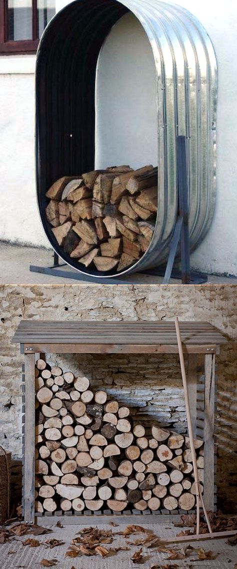 15 firewood storage and creative firewood rack ideas for indoors and outdoors. Lots of great building tutorials and DIY-friendly inspirations! - A Piece Of Rainbow Indoor Firewood Rack, Firewood Storage Indoor, Outdoor Firewood Rack, Firewood Racks, Wood Storage Rack, Firewood Shed, Firewood Holder, Firewood Rack, Firewood Storage