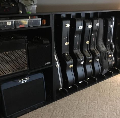 Instrument Case Storage, Music Equipment Storage, Music Studio Room Design, Guitar Storage Cabinet, Guitar Case Storage, Space Guitar, Instrument Room, Room Aesthetic Dark, Music Room Organization