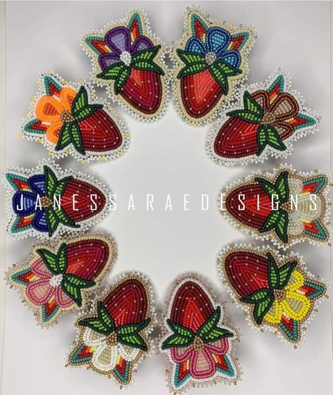 Strawberry Beadwork, Strawberry Beaded Earrings, Beaded Berries, Métis Beadwork, Powwow Beadwork, Beaded Hats, Strawberry Jewelry, Beautiful Beaded Earring, Strawberry Earrings