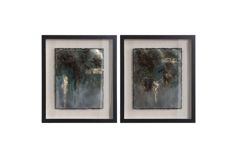 Hand Painted On Metal Sheets, This Contemporary Artwork Features Shades Of Silver And Gold Leaf, Dark Brown, And Green. Each Piece Is Placed Under Protective Glass In A Black Shadow Box Style Frame Against A Beige Background. Due To The Handcrafted Nature Of This Artwork, Each Piece May Have Subtle Differences. Uttermost Art, Shades Of Silver, Metal Sheets, Rustic Frames, Framed Abstract, Brown And Green, Framed Wall Art Sets, Frame Wall Decor, Beige Background