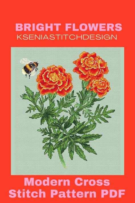 Marigold Cross Stitch Pattern, Marigold Cross Stitch, Flowers Cross Stitch, Easy Cross Stitch Patterns, Nature Cross Stitch, Floral Cross, Simple Cross Stitch, Modern Cross Stitch Patterns, Cross Stitch Patterns Free