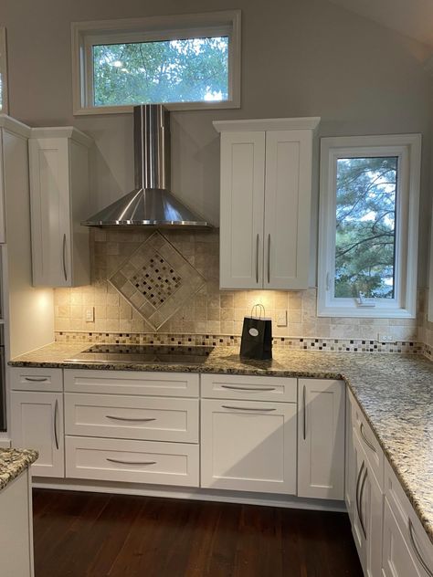 Alabaster Kitchen & Mindful Gray Island - 2 Cabinet Girls Alabaster Kitchen Cabinets With Granite, Alabaster Kitchen Cabinets, Cabinets Sherwin Williams, Alabaster Cabinets, Alabaster Kitchen, Brown Countertop, Brown Granite Countertops, Cost Of Kitchen Cabinets, Brick Backsplash Kitchen