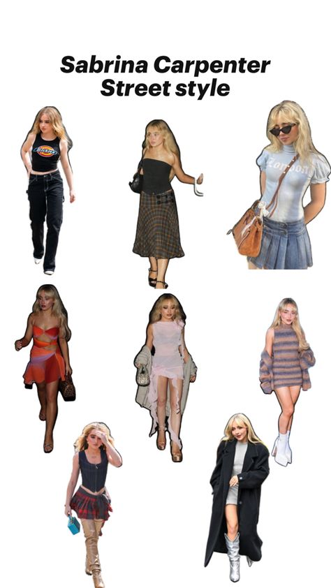 Sabrina Carpenter outfits Sabrina Carpenter Street Style, Inverted Triangle Outfits, Sabrina Carpenter Style, Sabrina Carpenter Outfits, Outfit Collage, Outfit Combinations, Clothing Hacks, Fashion Fits, Baddie Outfits