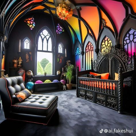 Gothic Nursery Ideas, Gothic Rainbow, Rainbow Goth, Gothic Nursery, Rainbow House, Dark Home Decor, Goth Home Decor, Dark Home, Rainbow Nursery