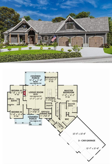 Two-Story 3-Bedroom Silverton Creek D Farmhouse for a Wide Lot with Bonus Room Above the Angled Garage (Floor Plan) Bonus Room Above Garage, Angled Garage, Room Above Garage, Lodge Room, Garage Exterior, Southern Traditional, Garage Floor Plans, Open Concept Layout, Country Craftsman