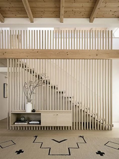 14 Ways To Infuse Your Space With Japandi Vibes | Posh Pennies تحت الدرج, Interior Staircase, Stair Railing Design, Wood Slat Wall, Stairway Design, Japandi Interior, Stair Case, Home Stairs Design, Lan Can