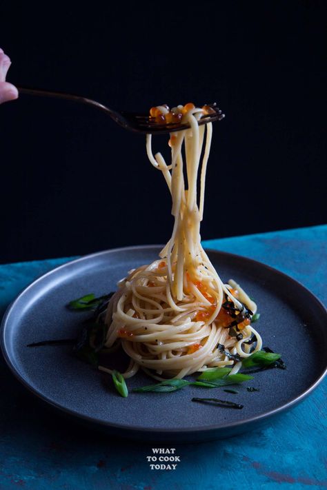 Buttery Pasta with Salmon Fish Roe Buttery Pasta, Instant Pot Asian Recipes, Pasta With Salmon, Asian Fusion Recipes, Fish Roe, Caviar Recipes, Asian Dinners, Salmon Roe, Nori Seaweed