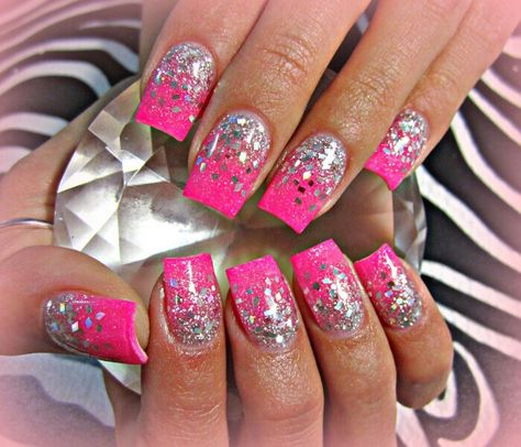 Lumo pink with chunky silver glitter fading from cuticle Nail Designs Hot Pink, Pink Sparkle Nails, Sparkly Acrylic Nails, Glass Nails Art, Nails With Glitter, Silver Glitter Nails, Unghie Nail Art, Glitter Nails Acrylic, Pink Glitter Nails