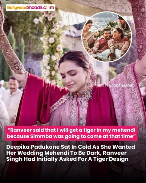 Veena Nagda shared how Deepika Padukone wanted her wedding 'mehendi' to be perfect and sat for hours in the cold, while Ranveer Singh wanted a tiger design on his hand but later changed his mind. Talking about Ranveer Singh and Deepika Padukone's mehendi ceremony, Veenga Nagda shared how the actress loves mehendi, and was sitting in the biting cold with her hands and feet being decked in henna. She shared that Deepika also wanted the dark colour, and she followed every trick to get the same.... How To Get Dark Mehendi Colour, Wedding Mehendi, Mehendi Ceremony, Tiger Design, Ranveer Singh, A Tiger, Deepika Padukone, His Hands, Dark Colors