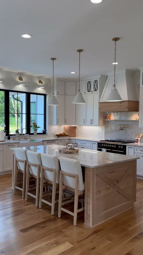 Mont Blanc Quartzite Countertops, Full Height Backsplash, Mont Blanc Quartzite, Beautiful Modern Farmhouse, Kitchen Layouts With Island, Lake House Kitchen, Kitchen Design With Island, Modern Farmhouse Kitchen, Kitchen Redesign