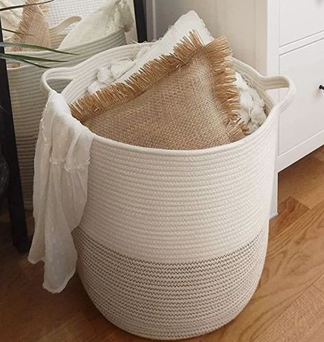 Creative Shelving Ideas, Wooden Toy Chest, Cotton Rope Basket, Wicker Baskets With Handles, White Laundry, Baby Laundry, Decorative Storage Baskets, Organized Desk Drawers, Blanket Basket