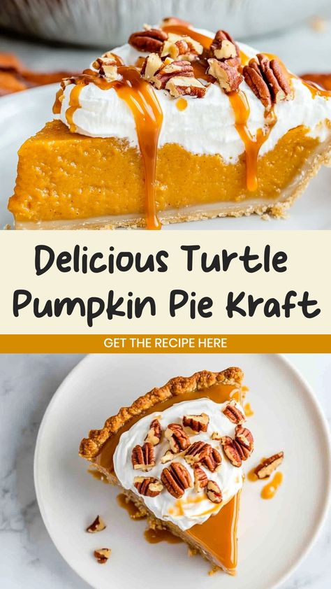 Indulge in the irresistible flavors of fall with our delicious Turtle Pumpkin Pie recipe using Kraft products. This decadent dessert combines creamy pumpkin filling with rich caramel, crunchy pecans, and smooth chocolate all in a buttery graham cracker crust. Perfect for Thanksgiving or any autumn gathering. Treat your taste buds to a slice of heaven! Turtle Pumpkin Pie Recipe, Turtle Pumpkin Pie, Turtle Pumpkin, Turtle Pie, Autumn Gathering, Pumpkin Filling, Pie Party, Graham Cracker Crust Pie, Pumpkin Pie Recipe