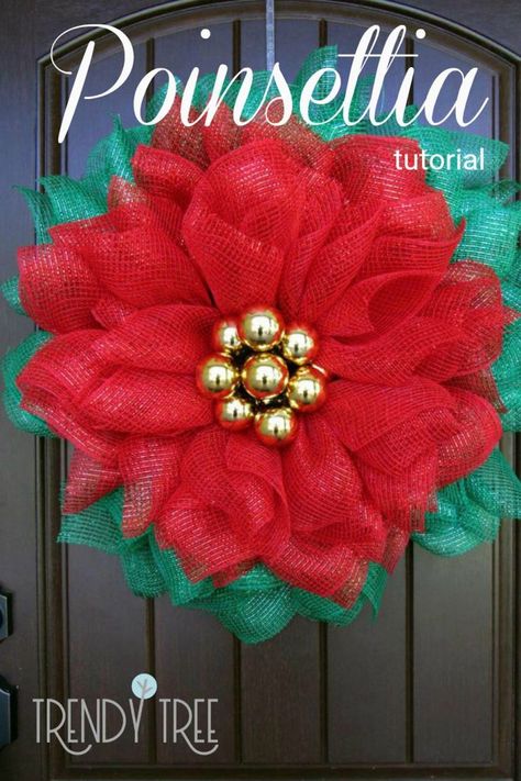 Poinsettia Wreath Tutorial, Mesh Projects, Deco Mesh Wreaths Tutorials, Christmas Mesh Wreath, Mesh Wreath Tutorial, Poinsettia Wreath, Mesh Wreath Diy, Deco Mesh Christmas Wreaths, Deco Wreaths