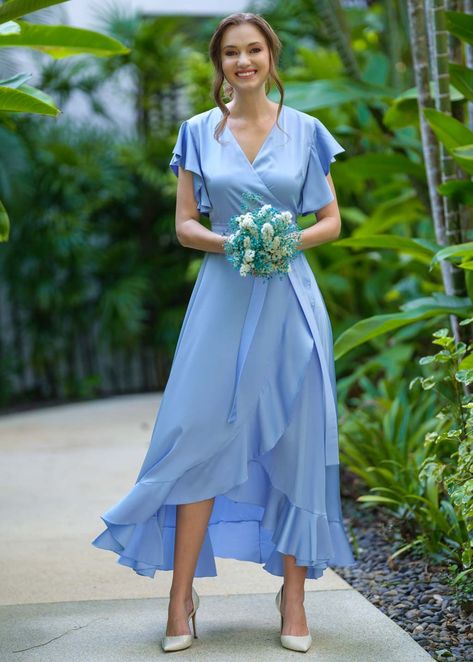 Baby blue wrap dress, silk dress, wrap dress, bridesmaid dress, wedding guest dress, women dress, maxi dress, evening dress, long dress Silk Bridesmaid Dresses, Wrap Dress Bridesmaid, Blue Wrap Dress, Evening Dress Long, Ruffle Wrap Dress, Apple Shape, Dress Wedding Guest, Apple Shaped, Deep Winter