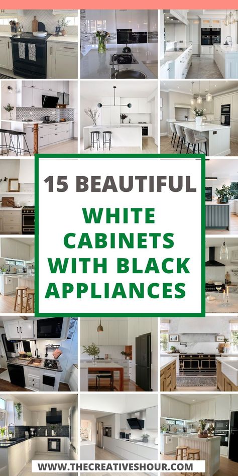 Discover the timeless elegance of white cabinets with black appliances. Explore ideas that seamlessly blend sophistication and contrast in your kitchen design. Elevate your space with this classic combination, creating a harmonious and stylish culinary haven. #KitchenDesign #Contrast #HomeDecor Kitchen Cabinet With Black Appliances, Simple Black And White Kitchen, Black Appliances With White Cabinets, Black And White Kitchen Appliances, Black Kitchen Appliances White Cabinets, Cabinet Colors With Black Appliances, Modern Farmhouse Kitchen With Black Stainless Steel Appliances, Kitchen With Matte Black Appliances, White Cabinets With Black Appliances