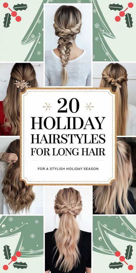 Make this holiday season magical with 20 Christmas hairstyles for long hair 2024-2025, featuring cute curls, elegant braids, and simple updos. Perfect for any holiday gathering, these styles add a festive touch to long hair. Try soft waves for a natural look or an intricate braid for a more formal Christmas Eve celebration. These Christmas hairstyles are designed for ease, letting you achieve a stunning party look in minutes. Christmas Hairstyles For Long Hair, Cute Curls, Elegant Braids, Party Hairstyles For Long Hair, Easy Holiday Party, Simple Updos, Holiday Hairstyles Easy, Holiday Updo, Curls Braids