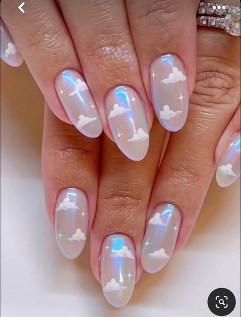 Opalite Nails, Japanese Nail Designs Kawaii, Purple Cloud Nails, Simple Kawaii Nails, Cloudy Nails, Sky Nail Art, Design Nails Art, Cloud Nails, Winter Nail Art Designs