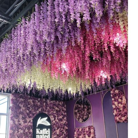 Wisteria Hanging From Ceiling Bedroom, Wisteria Ceiling Decor, Floral Ceiling Decor, Artificial Ceiling, Ceiling Flower Design, Wisteria Ceiling, Hanging Flower Arrangements, Pillar Decorations, Floral Ceiling