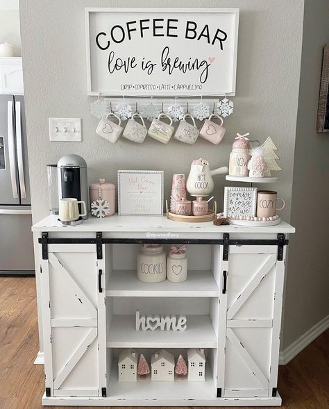 Dawn on Instagram: “My winter coffee bar ❄️ . . . . . #coffeebar #coffeebardecor #coffeebarideas #pinkcoffeebar #wintercoffeebar #snow #snowdecor…” Easter Coffee Bar, Kitchen Coffee Bar Ideas, Home Oasis, Kitchen Coffee Bar, Inviting Kitchen, Coffee Bar Station, Coffee Area, Coffee Bar Ideas, Coffee Bar Design