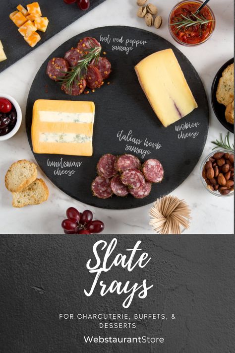 Slate serving trays are perfect for charcuterie and cheese boards and buffets due to their classic natural look and the ability to use chalk to identify meats and cheeses! With more than 25 slate and faux-slate charcuterie boards at great prices, many of which include soapstone chalk, your sure to find one that works on your appetizer table! Slate Charcuterie Board Ideas, Tray Photography, Appetizer Table, Custom Serving Tray, Diy Serving Tray, Slate Cheese Board, Appetizers Table, Dark Food Photography, Charcuterie And Cheese Board