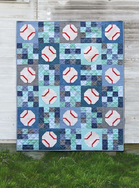 Batter Up, an easy baseball (or tennis ball) quilt pattern! Baseball Quilt, Football Quilt, Sports Quilts, Cluck Cluck Sew, Quilt Care, Quilt Storage, Trendy Sewing, Boy Quilts, Baby Projects