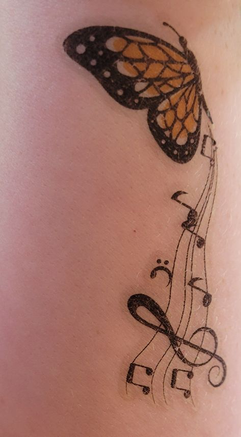 Butterfly Tattoo With Music Notes, Music And Butterfly Tattoo, Choir Tattoo Ideas, What’s Meant To Be Will Be Tattoo, Butterfly Music Tattoo, Music Butterfly Tattoo, Musical Tattoos For Women, Music Note Tattoos For Women, Butterfly With Music Notes