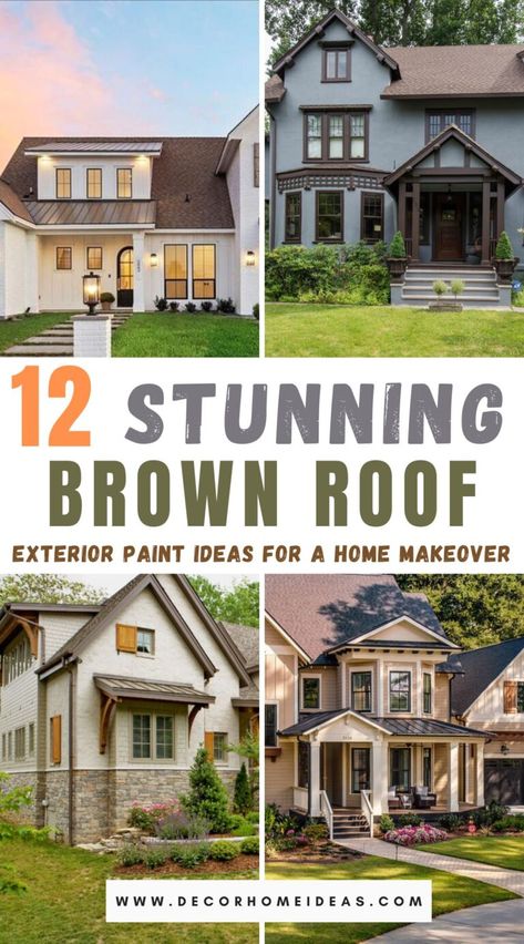 Revamp your home's exterior with these 12 stunning paint inspirations for brown roofs. Explore creative and elegant color palettes that enhance your home's curb appeal and elevate its overall look. Brown Roof Exterior, Brown Roof Houses, Brown House Exterior, Brown Brick Houses, Brick House Colors, Brown Roofs, Outside House Colors, Exterior Paint Schemes, Exterior Color Palette