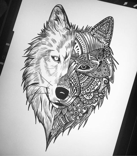 Zentangle Animals Art, Deer Head Tattoo, Mandala Wolf, Geometric Wolf Tattoo, Doodle Artwork, Geometric Sleeve Tattoo, Wolf Tattoo Sleeve, Geometric Wolf, Circle Tattoos