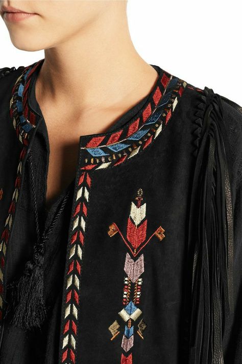 Aztec Embroidery, Haute Bohemian, Zara Printed Dress, Emb Designs, Trendy Shirt Designs, Frame Denim Jeans, Suede Vest, Hand Embroidery Flowers, Embroidery On Clothes