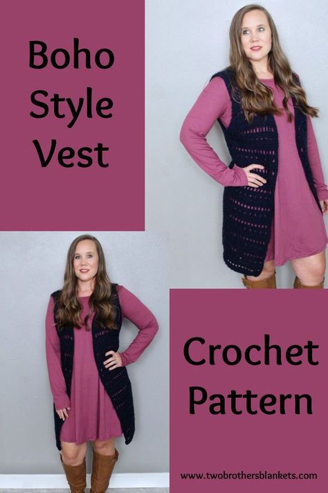 Boho Style Vest Crochet Pattern- Two Brothers Blankets #crochet #crochetvest #crochetpattern Crochet Vest Pattern Free Boho, Boho Vest Crochet, Crochet Vest Pattern Free, Crochet Vests, Boho Festival Outfit, Blankets Crochet, Vest Pattern Free, Vest Crochet, Crochet Cardigan Sweater