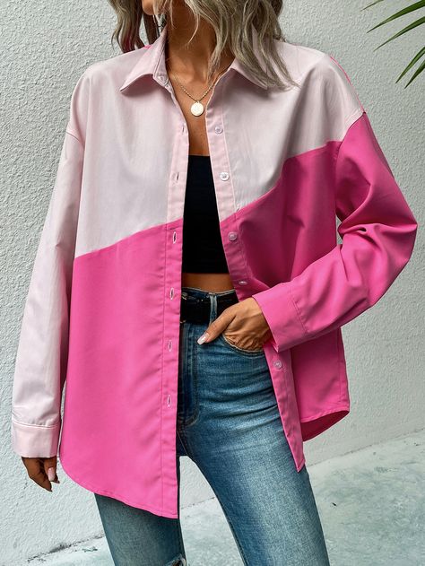 Multicolor Casual Collar Long Sleeve Woven Fabric Colorblock Shirt Embellished Non-Stretch  Women Tops, Blouses & Tee Patchwork Shirts Women, Reworked Clothes, Drop Shoulder Shirt, Color Block Blouse, Color Block Shirts, Embellished Shirt, Layered Shirts, Elegant Blouses, Chic Casual