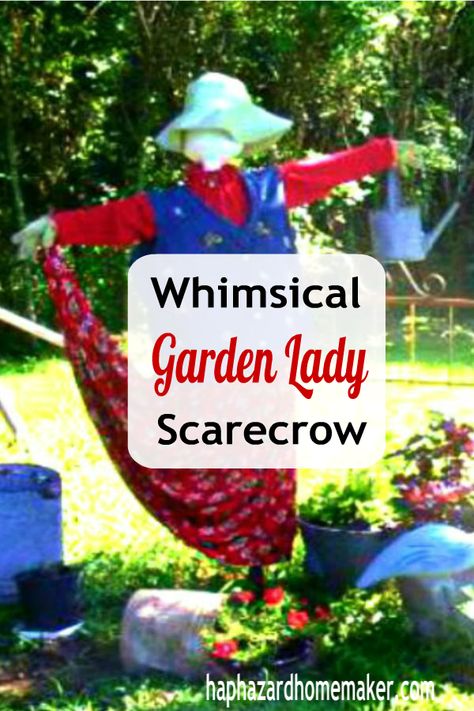 Make this quick and easy scarecrow with items from around the garden shed. #scarecrow #gardenart Lady Scarecrow, Scarecrow Ideas, Garden Shed Diy, Make A Scarecrow, Scarecrows For Garden, Diy Scarecrow, Outdoor Crafts, Garden Angels, Tea Party Garden