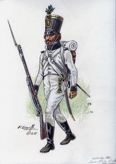 Austrian Corporal - 1813 (Baron Beaulieu Reg') possibly 58th line ,black facings white buttons. Walloons Austrian Uniforms Napoleonic Wars, Austrian Empire, Battle Of Waterloo, Imperial Army, Austro Hungarian, Napoleonic Wars, Military Art, Military History, Hungary