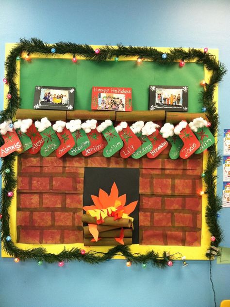 December/Christmas prek bulletin board. We made the cards on the mantel with pictures of our students. Prek Bulletin Board, December Bulletin Boards, Holiday Bulletin Boards, Christmas Doors, Christmas Bulletin Boards, Christmas Classroom Door, Christmas Bulletin Board, Birthday Bulletin Boards, Birthday Bulletin