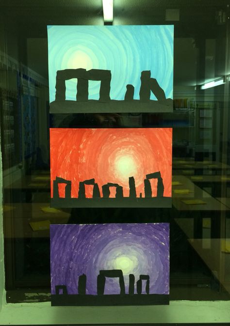 Stonehenge paintings - Year 3   Following a trip to Stonehenge (linking to our Stone Age topic) the children created these amazing paintings. We practiced colour blending for the background, then cut out 'stones' from black sugar paper for the foreground. Year 3 Stone Age, Stone Age To Iron Age, Stone Henge Art, Bronze Age Art, Stone Age Year 3, Stonehenge Painting, Stone Age Ks2, Stone Age Display, Stone Age Houses