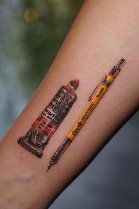 Tattoos For Tattoo Artists, Tattoo Of Pencil, Art Tools Tattoo, Colored Pencil Tattoo, Paint Tube Tattoo, Tattoo For Artist, Tattoo Ideas For Artists, Oil Painting Tattoo, Tattoos For Artists