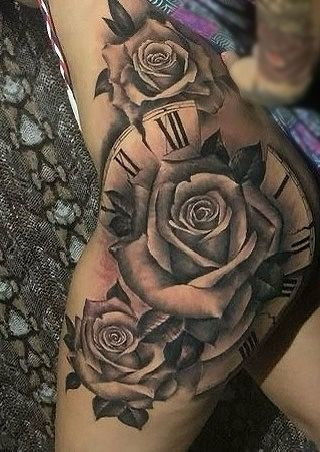 Baddie Rose Tattoo, Thing Tattoos For Women, Rib To Thigh Tattoos For Women, Rose Hip Tattoo, Trippy Tattoo Ideas, Rose Tattoo On Hip, Side Stomach Tattoos, Trippy Tattoo, Cute Thigh Tattoos