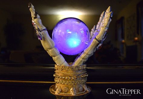 Make A Crystal Ball, Crystal Ball Diy, Diy Crystal Ball, Crystal Ball Halloween, Halloween Ring, Gold Acrylic Paint, Dollar Tree Halloween, Haunted House Props, Aging Metal