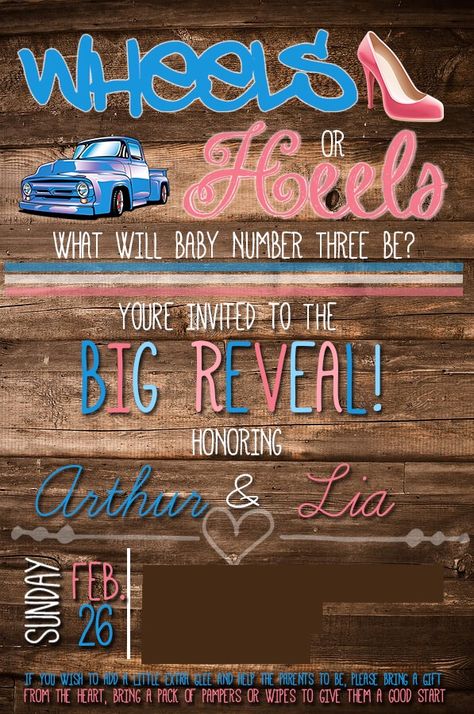 Wheels or heels invite. $10 message me for yours! Wheels Or Heels Gender Reveal, Baby Oc, Gender Reveal Ideas For Party, Gender Surprise, Motocross Baby, Glitter Gender Reveal, Gender Reveal Party Food, Gender Reveal Box, Gender Reveal Baby Shower Themes