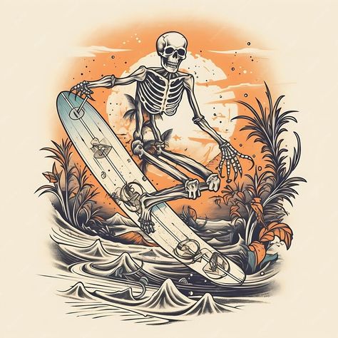 Premium Vector | Illustration design of a skull surfing on the beach A Skull, Vector Illustration Design, Surfboard, Premium Vector, Graphic Resources, Skeleton, Illustration Design, Hobbies, Surfing